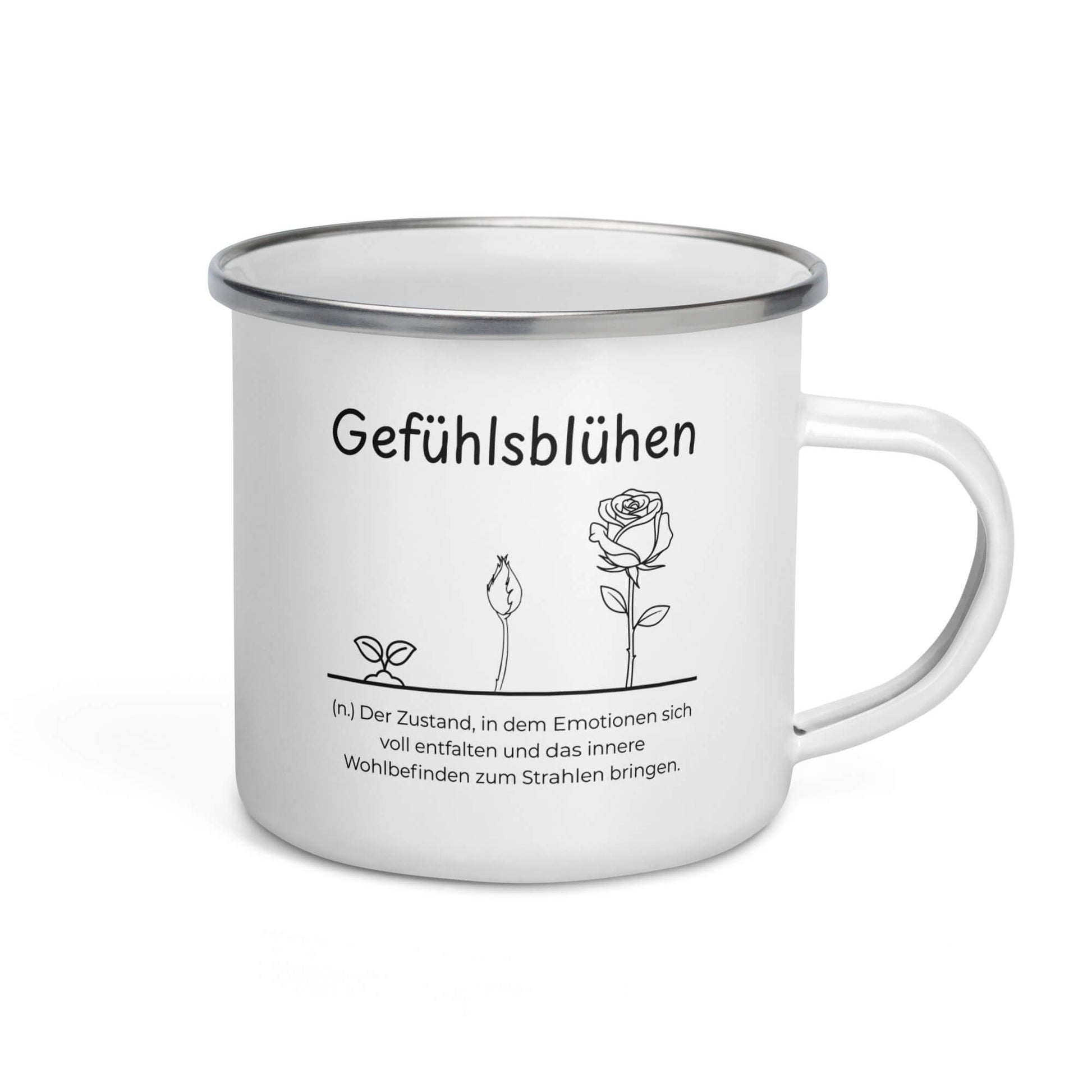 Gefühlsblühen Emailletasse in Weiß - neues Wort für Emotionen und Wohlbefinden - Front mit Henkel rechts - Wortstolz Design
