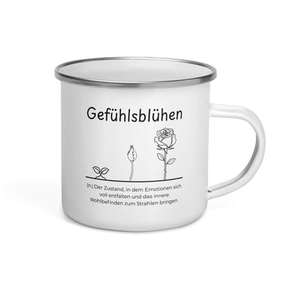 Gefühlsblühen Emailletasse in Weiß - neues Wort für Emotionen und Wohlbefinden - Front mit Henkel rechts - Wortstolz Design