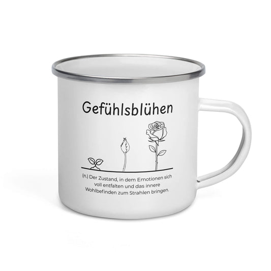 Gefühlsblühen Emailletasse in Weiß - neues Wort für Emotionen und Wohlbefinden - Front mit Henkel rechts - Wortstolz Design