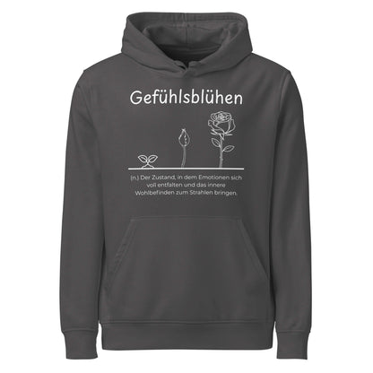 Hoodie mit Spruch - Gefühlsblühen Kapuzenpullover in Anthracite aus Bio-Baumwolle - Res5 Edition - Frontansicht mit weißem Print