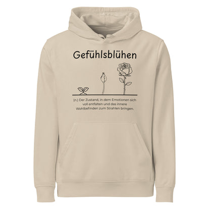 Hoodie mit Spruch - Gefühlsblühen Kapuzenpullover in Desert Dust aus Bio-Baumwolle - Res5 Edition - Frontansicht mit schwarzem Print