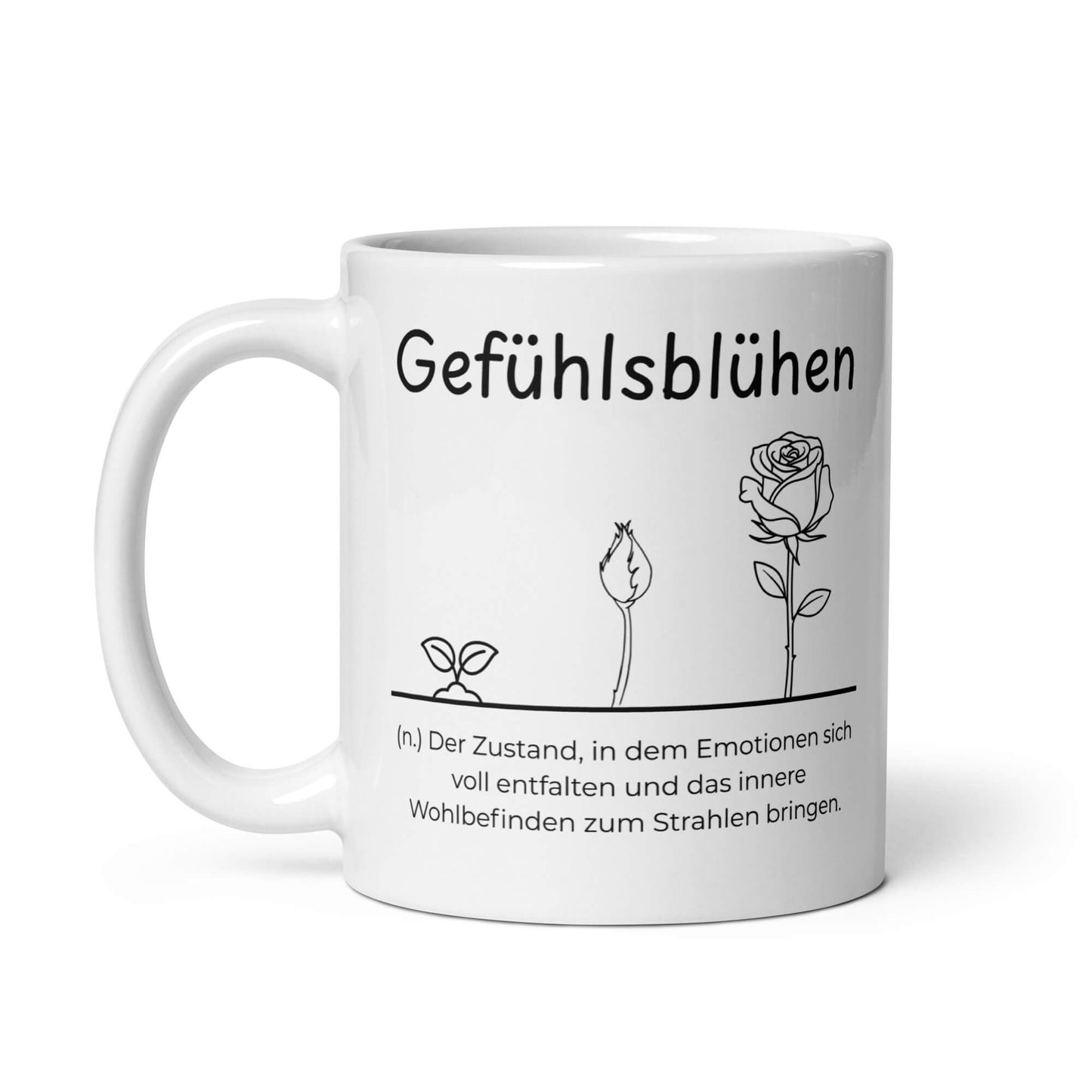 Gefühlsblühen Keramiktasse in Weiß - neues Wort für Emotionen und Wohlbefinden - Front mit Henkel links - Wortstolz Design
