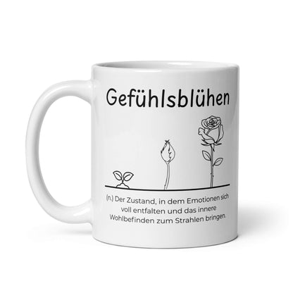 Gefühlsblühen Keramiktasse in Weiß - neues Wort für Emotionen und Wohlbefinden - Front mit Henkel links - Wortstolz Design