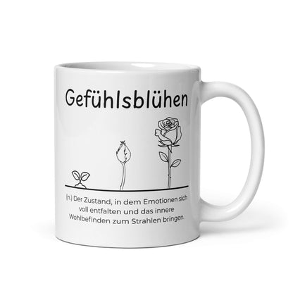 Gefühlsblühen Keramiktasse in Weiß - neues Wort für Emotionen und Wohlbefinden - Front mit Henkel rechts - Wortstolz Design
