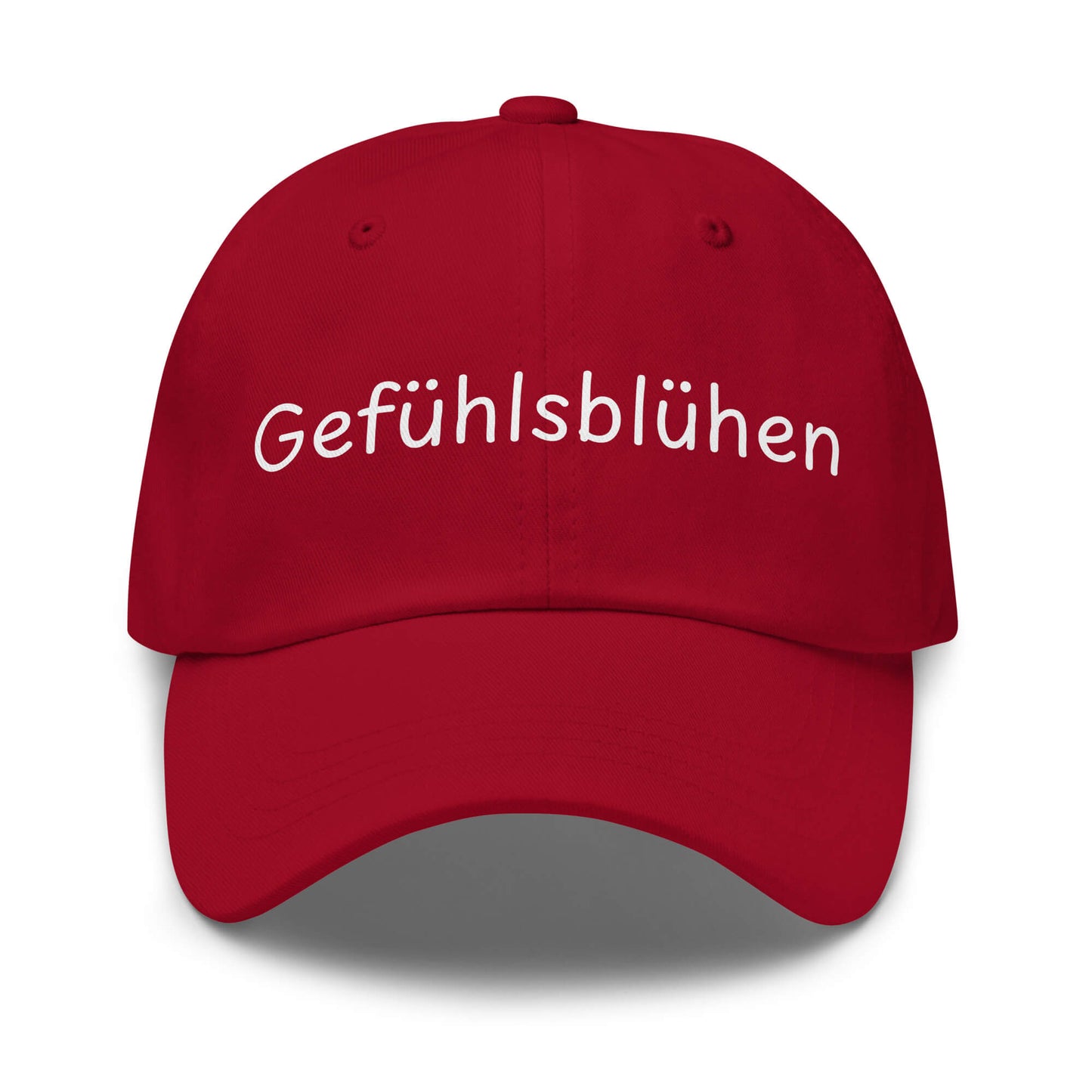 Gefühlsblühen Premium Dad Cap in Cranberry aus Chino-Baumwoll-Twill - neues Wort für Emotionen und Wohlbefinden - Front - Wortstolz Design