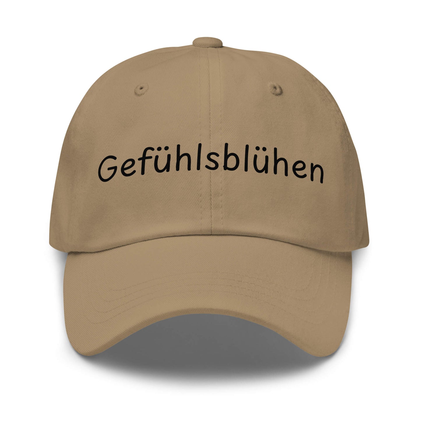 Gefühlsblühen Premium Dad Cap in Khaki aus Chino-Baumwoll-Twill - neues Wort für Emotionen und Wohlbefinden - Front - Wortstolz Design