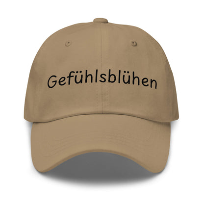 Gefühlsblühen Premium Dad Cap in Khaki aus Chino-Baumwoll-Twill - neues Wort für Emotionen und Wohlbefinden - Front - Wortstolz Design