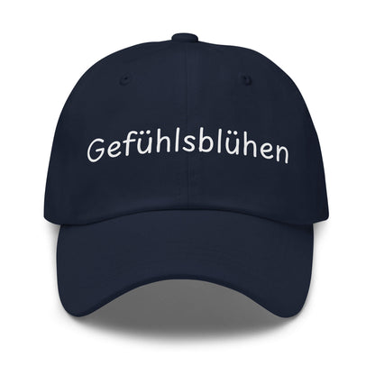 Gefühlsblühen Premium Dad Cap in Marineblau aus Chino-Baumwoll-Twill - neues Wort für Emotionen und Wohlbefinden - Front - Wortstolz Design