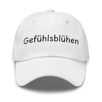 Gefühlsblühen Premium Dad Cap in Weiß aus Chino-Baumwoll-Twill - neues Wort für Emotionen und Wohlbefinden - Front - Wortstolz Design