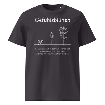 Gefühlsblühen Premium T-Shirt in Anthracite aus Bio-Baumwolle - neues Wort für Emotionen und Wohlbefinden - Front - Wortstolz Design