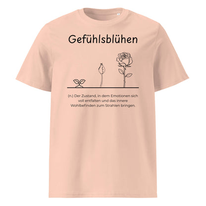 Gefühlsblühen Premium T-Shirt in Fraiche Peche aus Bio-Baumwolle - neues Wort für Emotionen und Wohlbefinden - Front - Wortstolz Design
