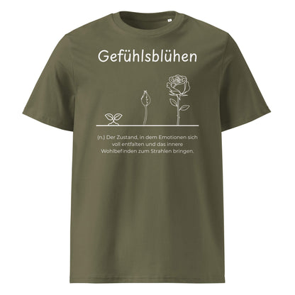 Gefühlsblühen Premium T-Shirt in Khaki aus Bio-Baumwolle - neues Wort für Emotionen und Wohlbefinden - Front - Wortstolz Design