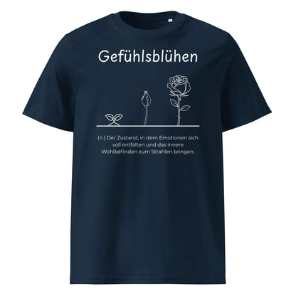 Gefühlsblühen Premium T-Shirt in Marineblau aus Bio-Baumwolle - neues Wort für Emotionen und Wohlbefinden - Front - Wortstolz Design