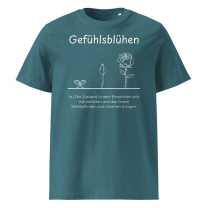 Gefühlsblühen Premium T-Shirt in Stargazer aus Bio-Baumwolle - neues Wort für Emotionen und Wohlbefinden - Front - Wortstolz Design