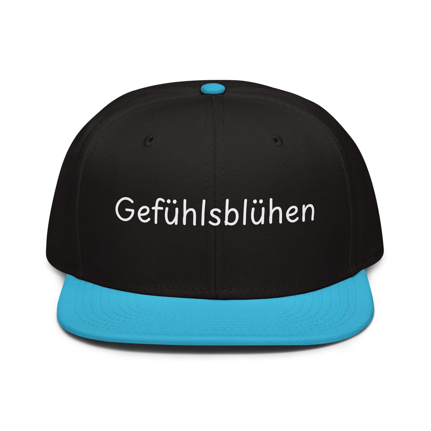 Gefühlsblühen Snapback Cap in Schwarz - Blau aus Acryl-Woll-Mix - neues Wort für Emotionen und Wohlbefinden - Front - Wortstolz Design