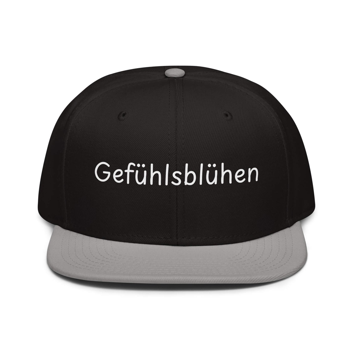 Gefühlsblühen Snapback Cap in Schwarz - Grau aus Acryl-Woll-Mix - neues Wort für Emotionen und Wohlbefinden - Front - Wortstolz Design