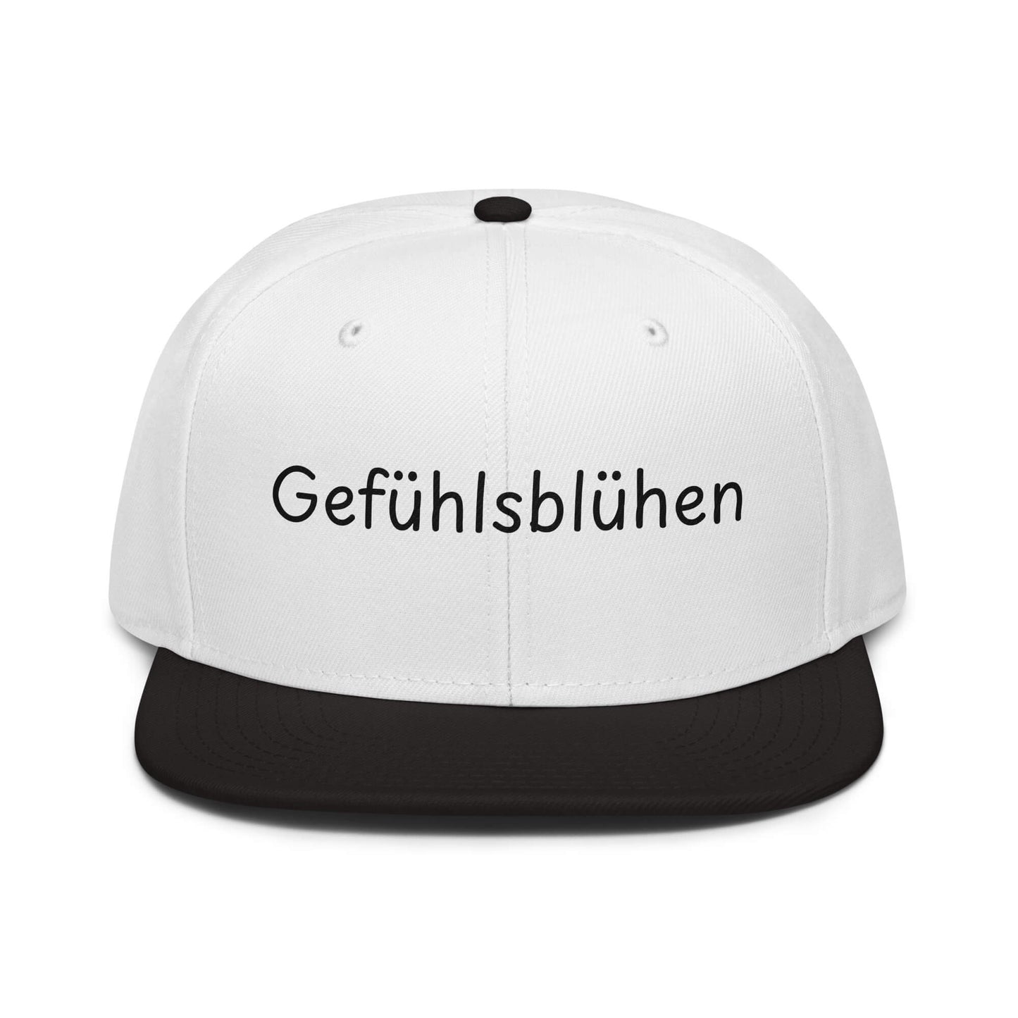 Gefühlsblühen Snapback Cap in Weiß - Schwarz aus Acryl-Woll-Mix - neues Wort für Emotionen und Wohlbefinden - Front - Wortstolz Design