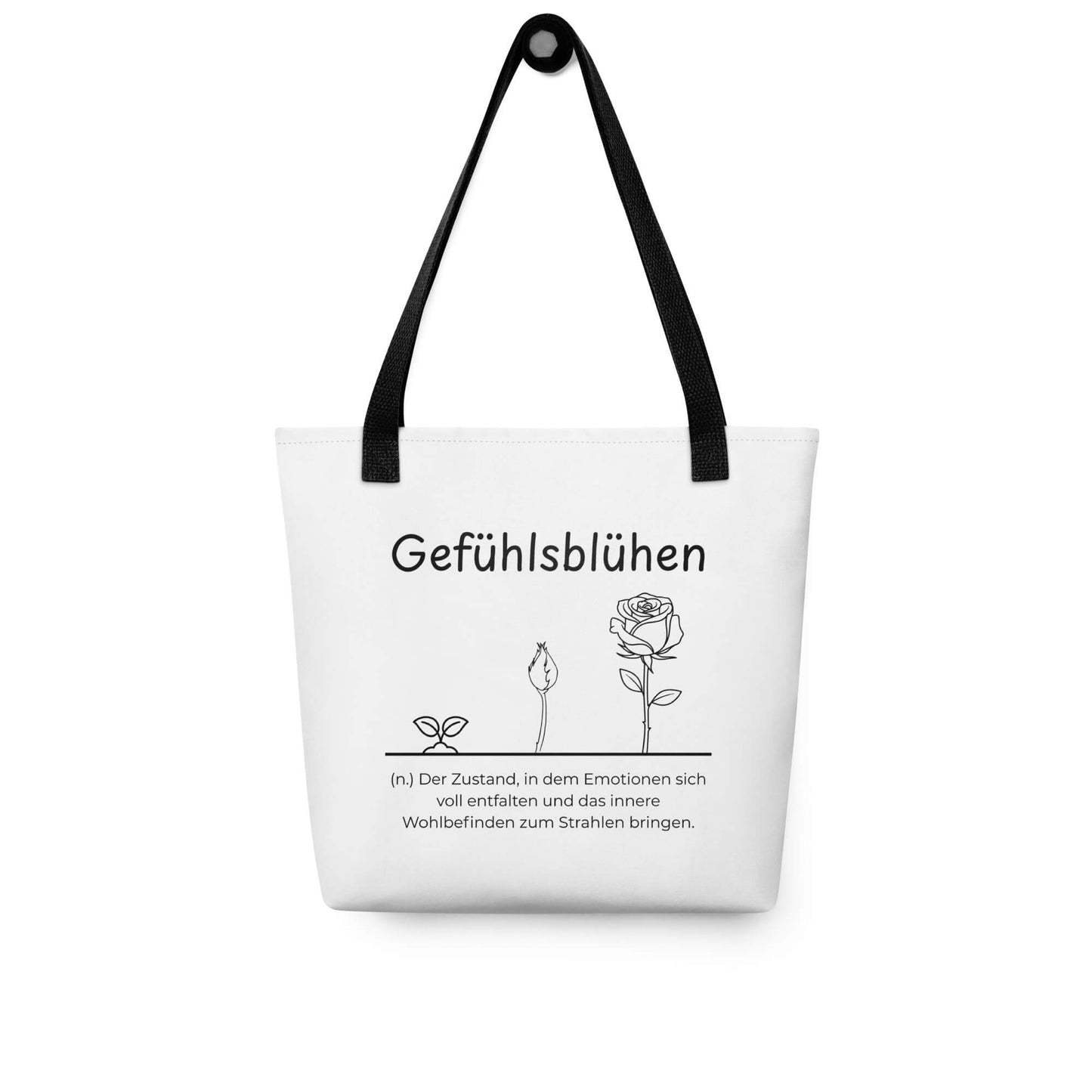 Gefühlsblühen - Stofftasche in Black -White aus Polyester und Baumwolle - Premium Edition - Frontansicht hängend mit schwarzem Print