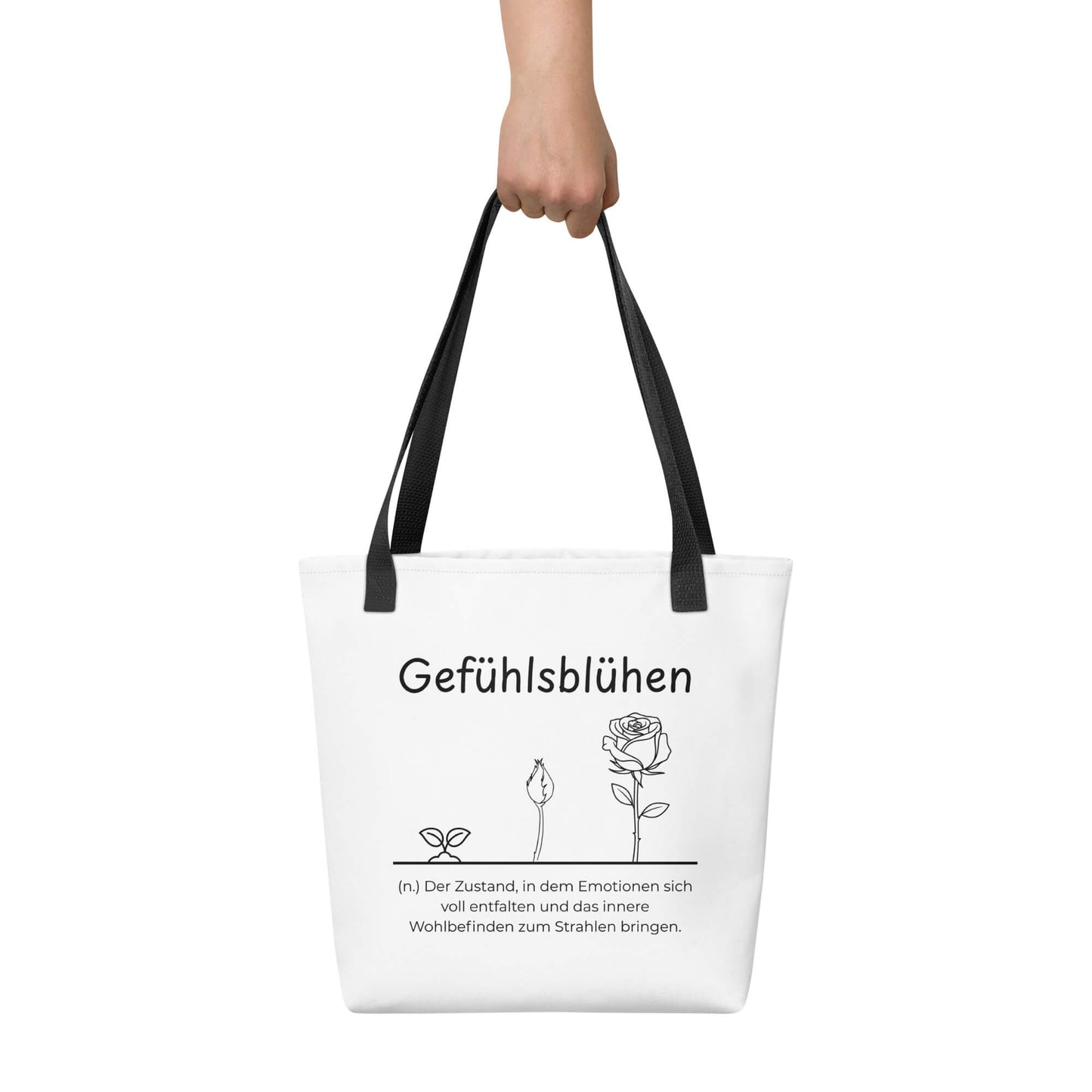 Gefühlsblühen - Stofftasche in Black -White aus Polyester und Baumwolle - Premium Edition - Frontansicht haltend in Hand mit schwarzem Print