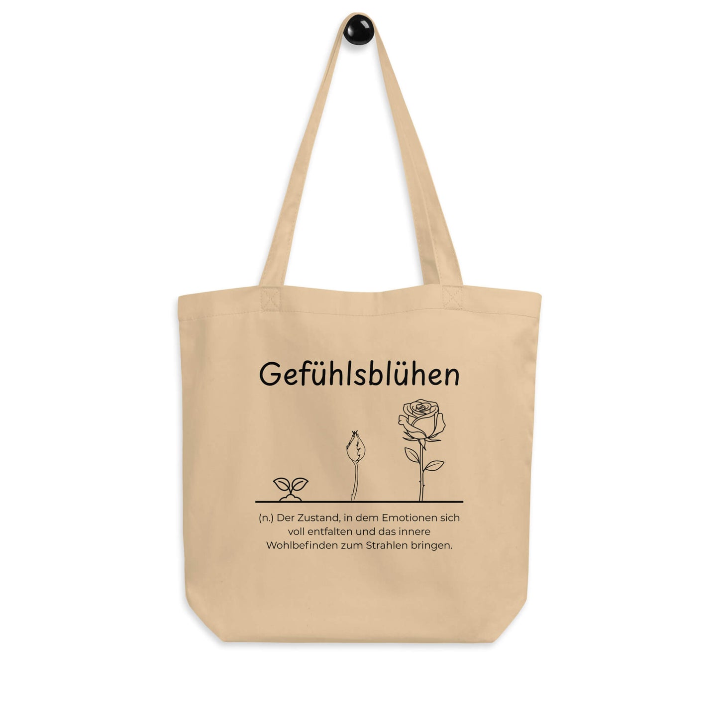 Gefühlsblühen Bio-Stoffbeutel. Einkaufstasche in Khaki aus Bio-Baumwolle - Res5 Edition - Frontansicht hängend mit schwarzem Print