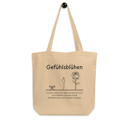 Gefühlsblühen Bio-Stoffbeutel. Einkaufstasche in Khaki aus Bio-Baumwolle - Res5 Edition - Frontansicht hängend mit schwarzem Print