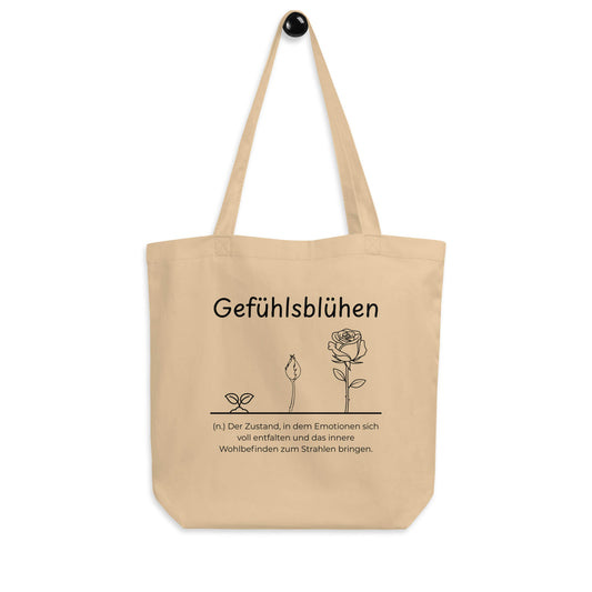Gefühlsblühen Bio-Stoffbeutel. Einkaufstasche in Khaki aus Bio-Baumwolle - Res5 Edition - Frontansicht hängend mit schwarzem Print
