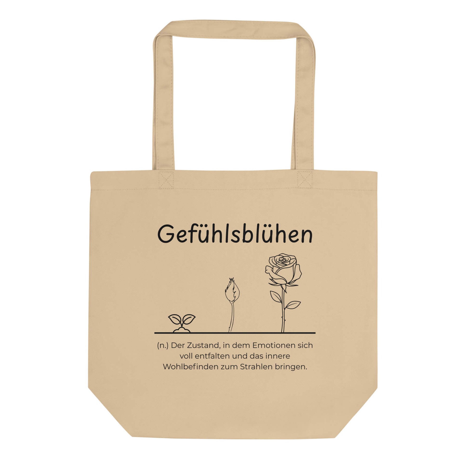 Gefühlsblühen Bio-Stoffbeutel. Einkaufstasche in Khaki aus Bio-Baumwolle - Res5 Edition - Frontansichtmit schwarzem Print