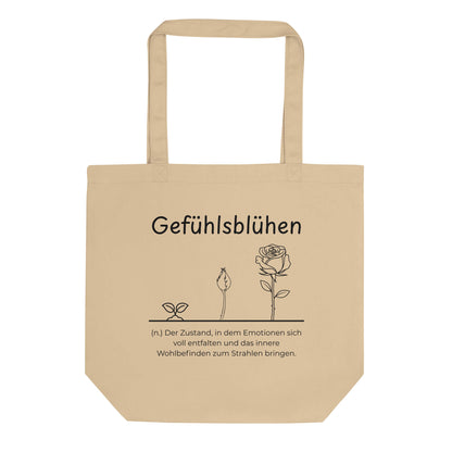 Gefühlsblühen Bio-Stoffbeutel. Einkaufstasche in Khaki aus Bio-Baumwolle - Res5 Edition - Frontansichtmit schwarzem Print
