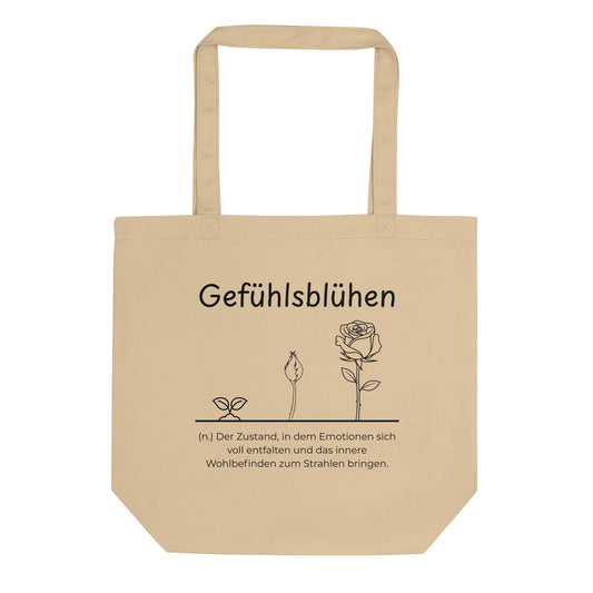 Gefühlsblühen Bio-Stoffbeutel. Einkaufstasche in Khaki aus Bio-Baumwolle - Res5 Edition - Frontansichtmit schwarzem Print