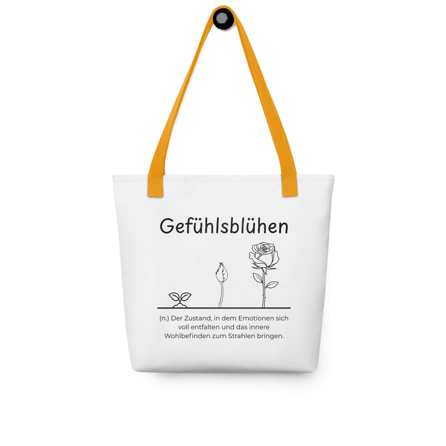 Gefühlsblühen - Stofftasche in Yellow -White aus Polyester und Baumwolle - Premium Edition - Frontansicht hängend mit schwarzem Print