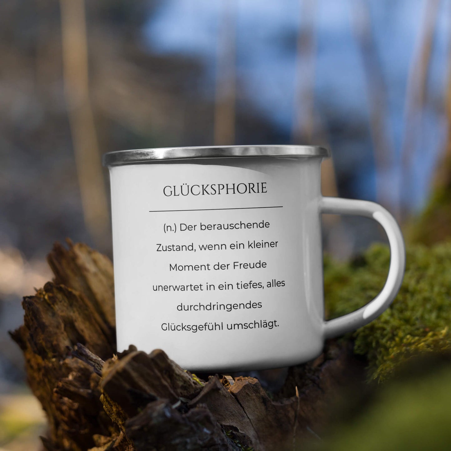 Glücksphorie Emailletasse in Weiß - neues Wort für Freude und Glück - Front mit Henkel rechts - Natur Baum - Wortstolz Design