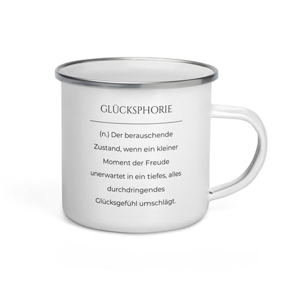 Glücksphorie Emailletasse in Weiß - neues Wort für Freude und Glück - Front mit Henkel rechts - Wortstolz Design