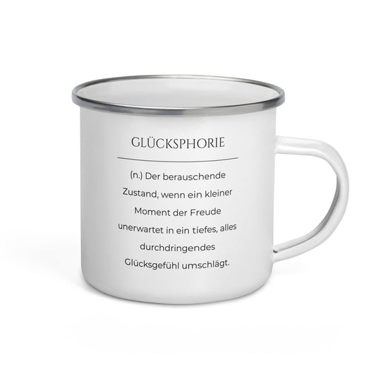 Glücksphorie Emailletasse in Weiß - neues Wort für Freude und Glück - Front mit Henkel rechts - Wortstolz Design