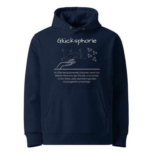 Hoodie mit Spruch - Glücksphorie Kapuzenpullover in Marineblau aus Bio-Baumwolle - Premium Edition - Frontansicht mit weißem Print