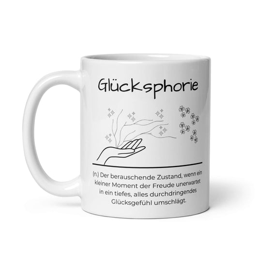 Glücksphorie Keramiktasse in Weiß - neues Wort für Freude und Glück - Front mit Henkel links - Wortstolz Design