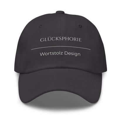 Glücksphorie Premium Dad Cap in Grau aus Chino-Baumwoll-Twill - neues Wort für Freude und Glück - Front - Wortstolz Design