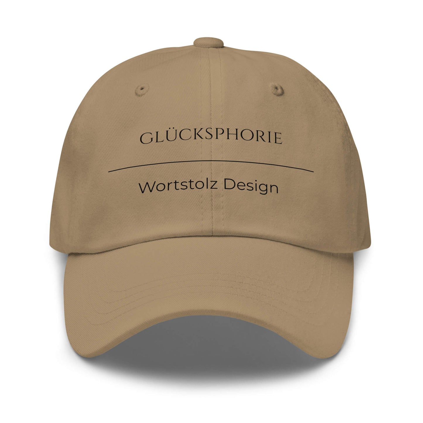 Glücksphorie Premium Dad Cap in Khaki aus Chino-Baumwoll-Twill - neues Wort für Freude und Glück - Front - Wortstolz Design