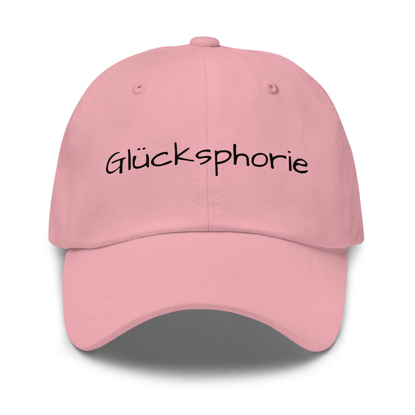 Glücksphorie Premium Dad Cap in Pink aus Chino-Baumwoll-Twill - neues Wort für Freude und Glück - Front - Wortstolz Design