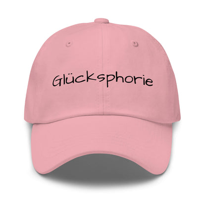 Glücksphorie Premium Dad Cap in Pink aus Chino-Baumwoll-Twill - neues Wort für Freude und Glück - Front - Wortstolz Design