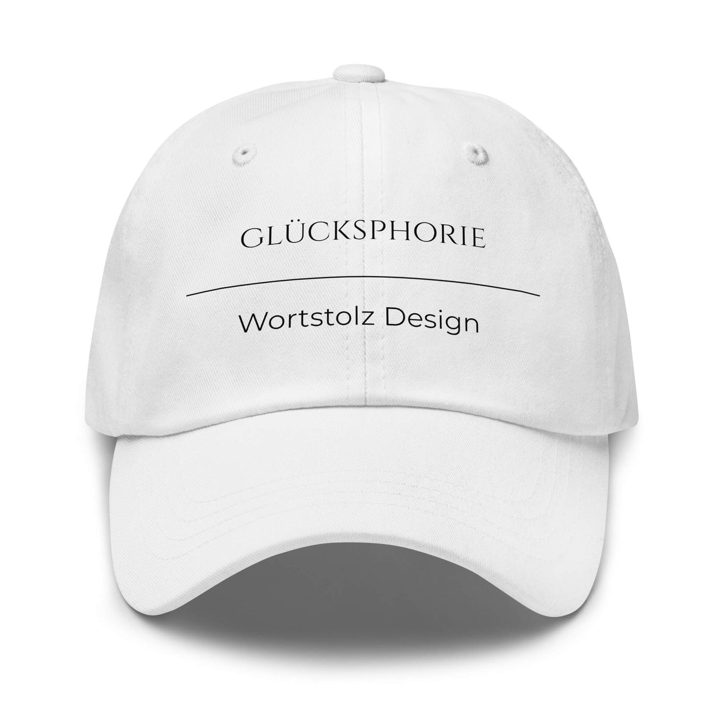 Glücksphorie Premium Dad Cap in Weiß aus Chino-Baumwoll-Twill - neues Wort für Freude und Glück - Front - Wortstolz Design