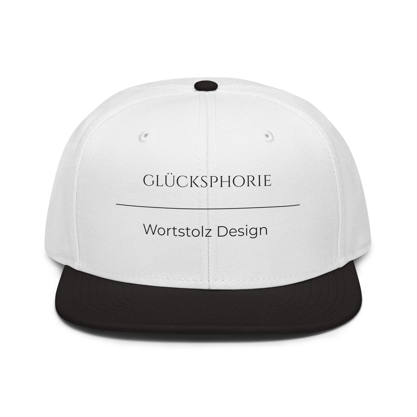 Glücksphorie Snapback Cap in Weiß - Schwarz aus Acryl-Woll-Mix - neues Wort für Freude und Glück - Front - Wortstolz Design