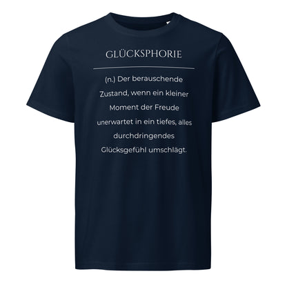 Glücksphorie T-Shirt in Marineblau aus Bio-Baumwolle - neues Wort für Freude und Glück - Front - Wortstolz Design