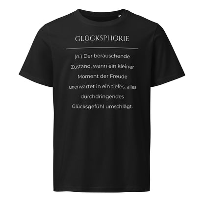 Glücksphorie T-Shirt in Schwarz aus Bio-Baumwolle - neues Wort für Freude und Glück - Front - Wortstolz Design