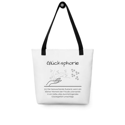 Glücksphorie- Stofftasche in Black -White aus Polyester und Baumwolle - Premium Edition - Frontansicht hängend mit schwarzem Print