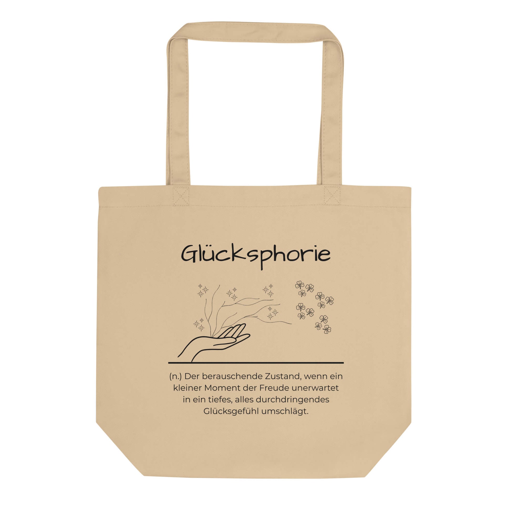 Glücksphorie Bio-Stoffbeutel. Einkaufstasche in Oyster aus Bio-Baumwolle - Res5 Edition - Frontansichtmit schwarzem Print