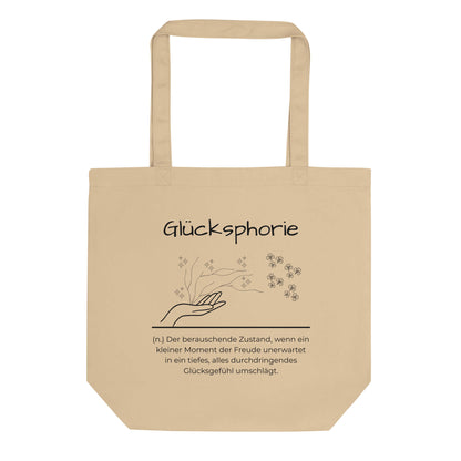 Glücksphorie Bio-Stoffbeutel. Einkaufstasche in Oyster aus Bio-Baumwolle - Res5 Edition - Frontansichtmit schwarzem Print