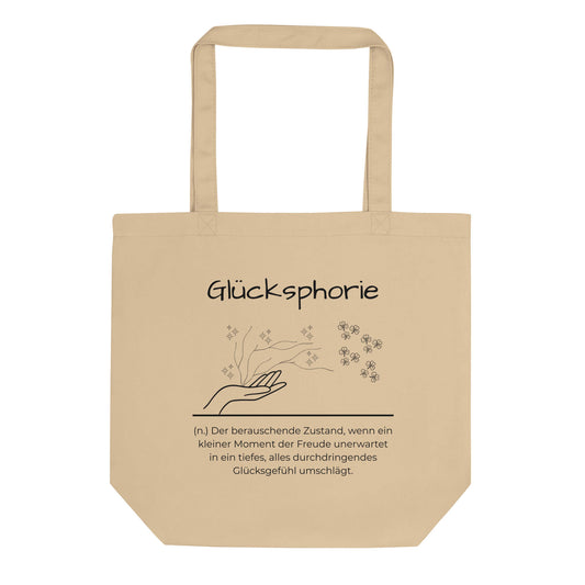 Glücksphorie Bio-Stoffbeutel. Einkaufstasche in Oyster aus Bio-Baumwolle - Res5 Edition - Frontansichtmit schwarzem Print