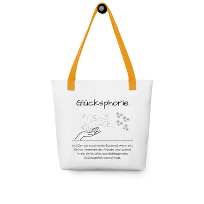 Glücksphorie - Stofftasche in Yellow -White aus Polyester und Baumwolle - Premium Edition - Frontansicht hängend mit schwarzem Print