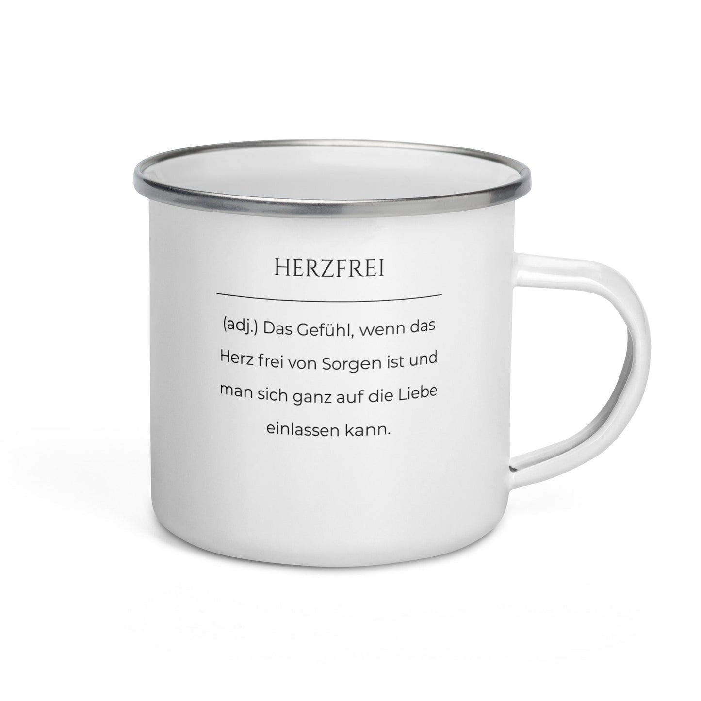 Herzfrei Emailletasse in Weiß - neues Wort für Freiheit und Liebe - Front mit Henkel rechts - Wortstolz Design