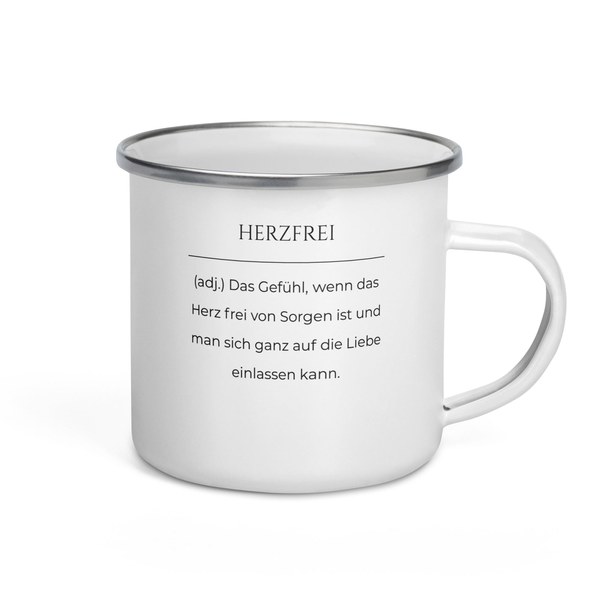 Herzfrei Emailletasse in Weiß - neues Wort für Freiheit und Liebe - Front mit Henkel rechts - Wortstolz Design